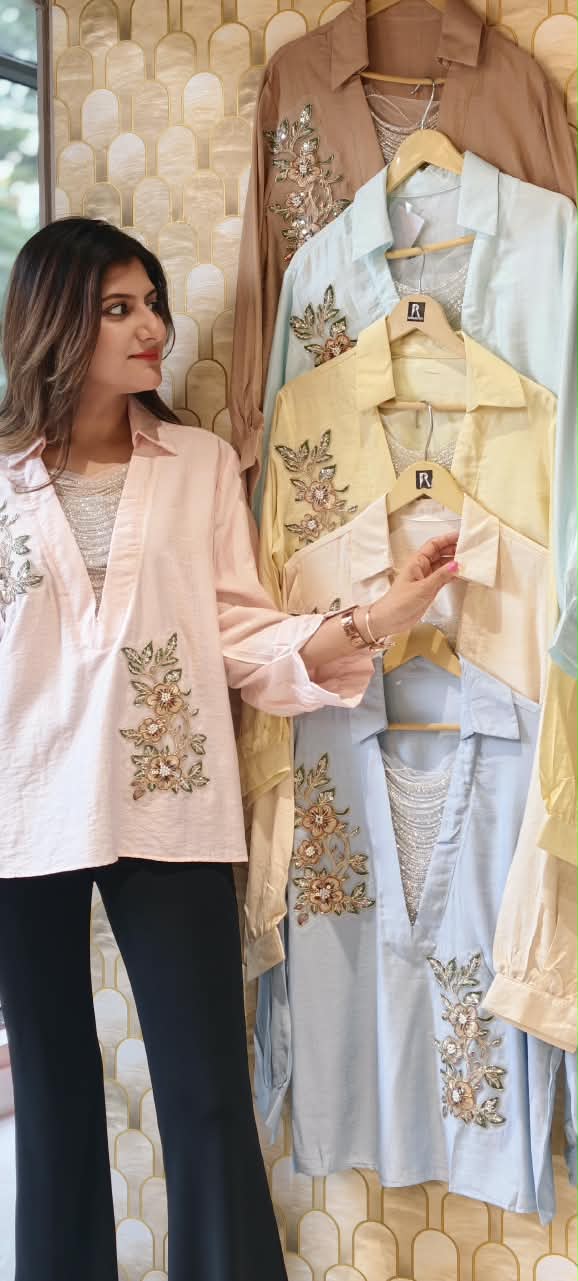 Elegant Floral Embroidery Patched Shimmer Jewel Imported Western Only Top- 16164