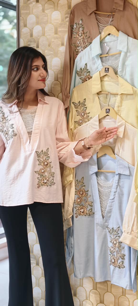 Elegant Floral Embroidery Patched Shimmer Jewel Imported Western Only Top- 16164