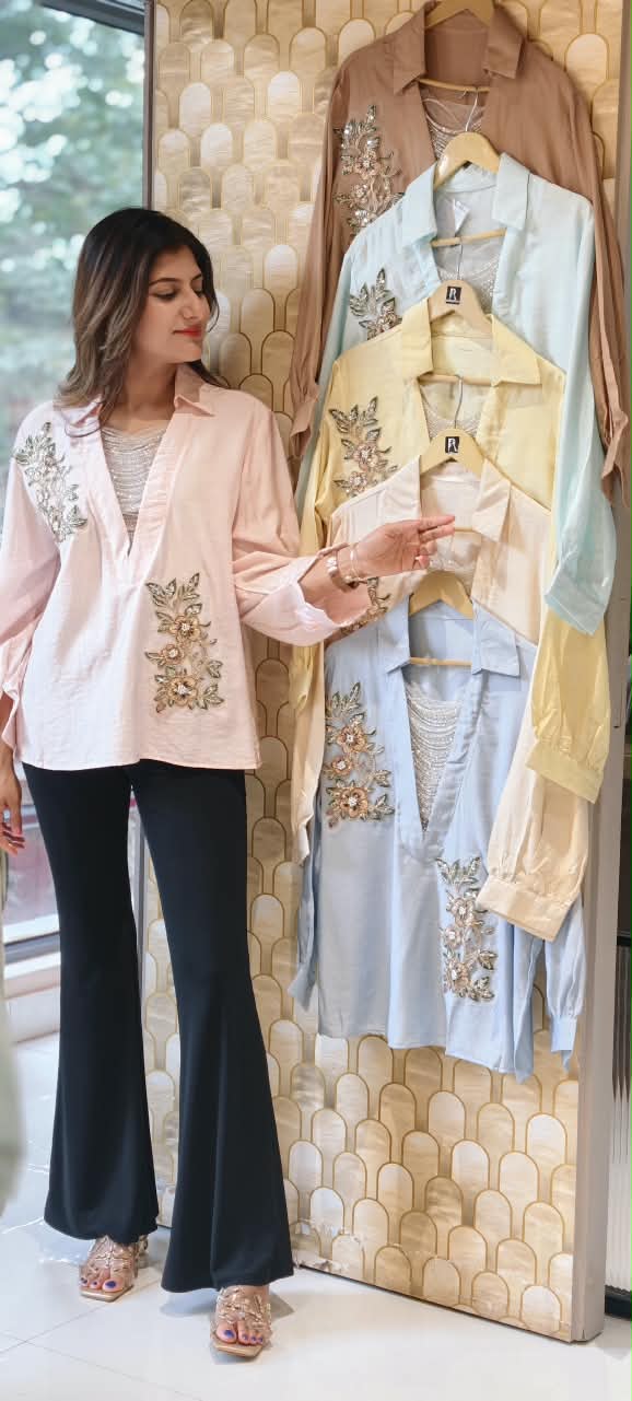 Elegant Floral Embroidery Patched Shimmer Jewel Imported Western Only Top- 16164