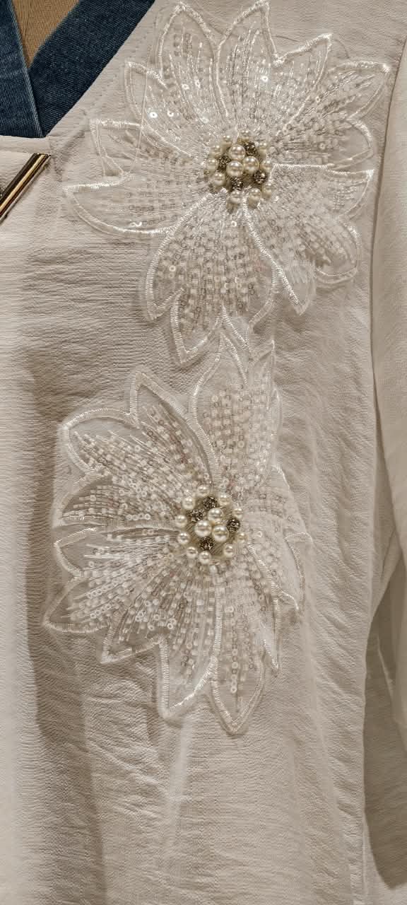 Floral Pearl Detailing Popped Over Sized Imported Western Top- 16147