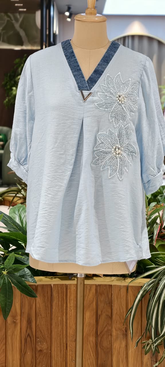 Floral Pearl Detailing Popped Over Sized Imported Western Top- 16147