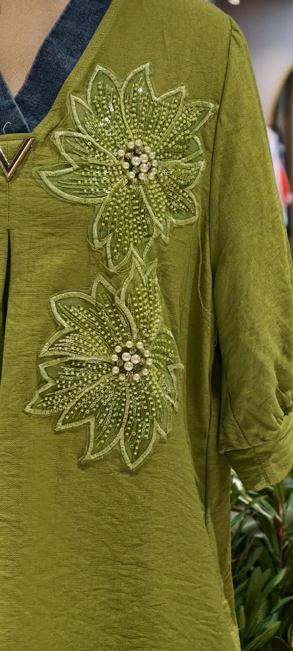 Floral Pearl Detailing Popped Over Sized Imported Western Top- 16147