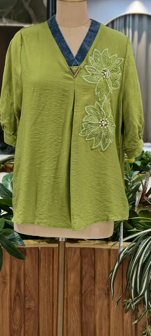 Floral Pearl Detailing Popped Over Sized Imported Western Top- 16147
