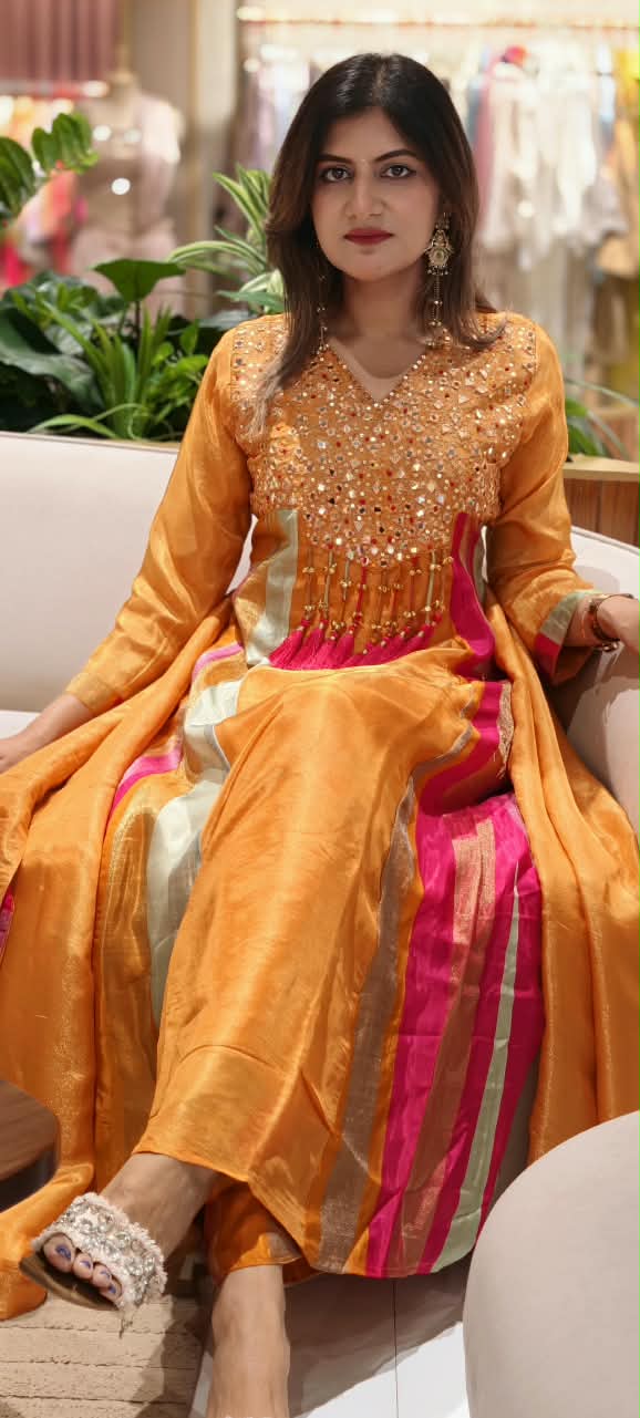 Orange Tissue Mirror Work Panel Anarkali Full Suit Set with Ghungroo Tassel Yoke Detailing & Striped Side Panels- 16231