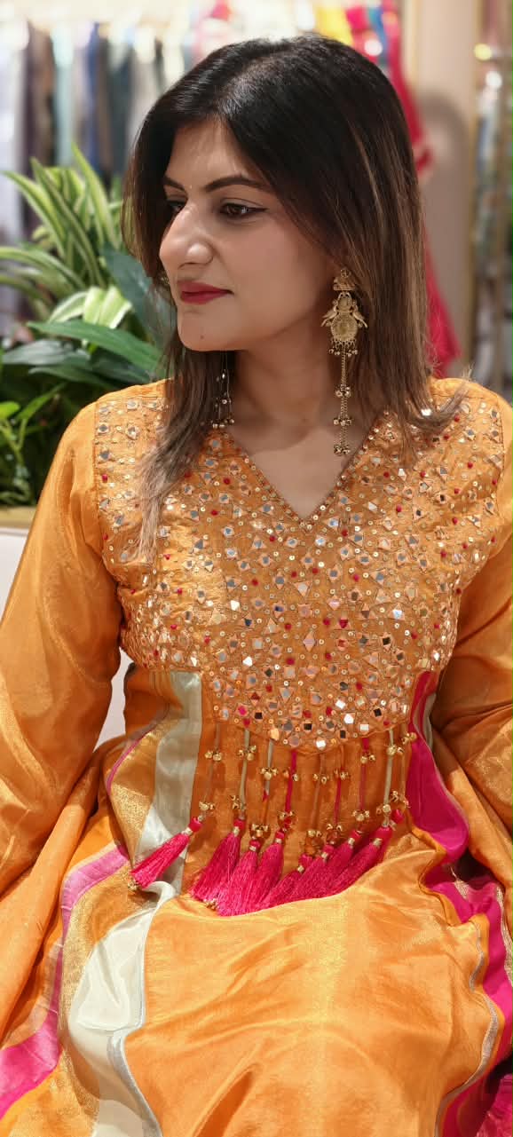 Orange Tissue Mirror Work Panel Anarkali Full Suit Set with Ghungroo Tassel Yoke Detailing & Striped Side Panels- 16231