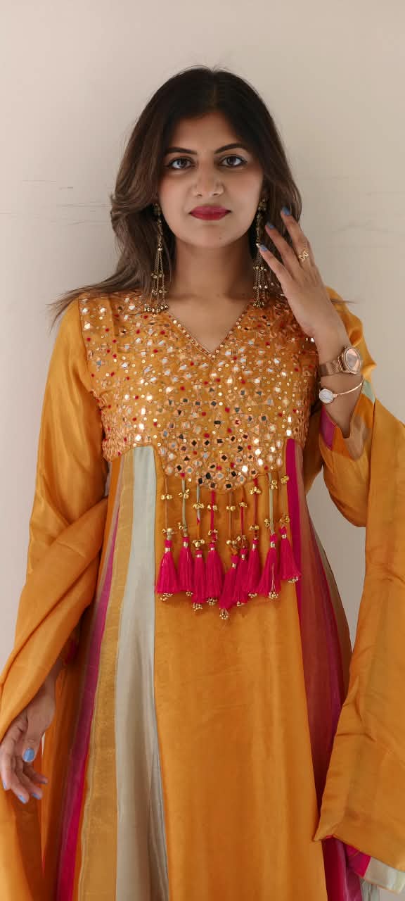 Orange Tissue Mirror Work Panel Anarkali Full Suit Set with Ghungroo Tassel Yoke Detailing & Striped Side Panels- 16231