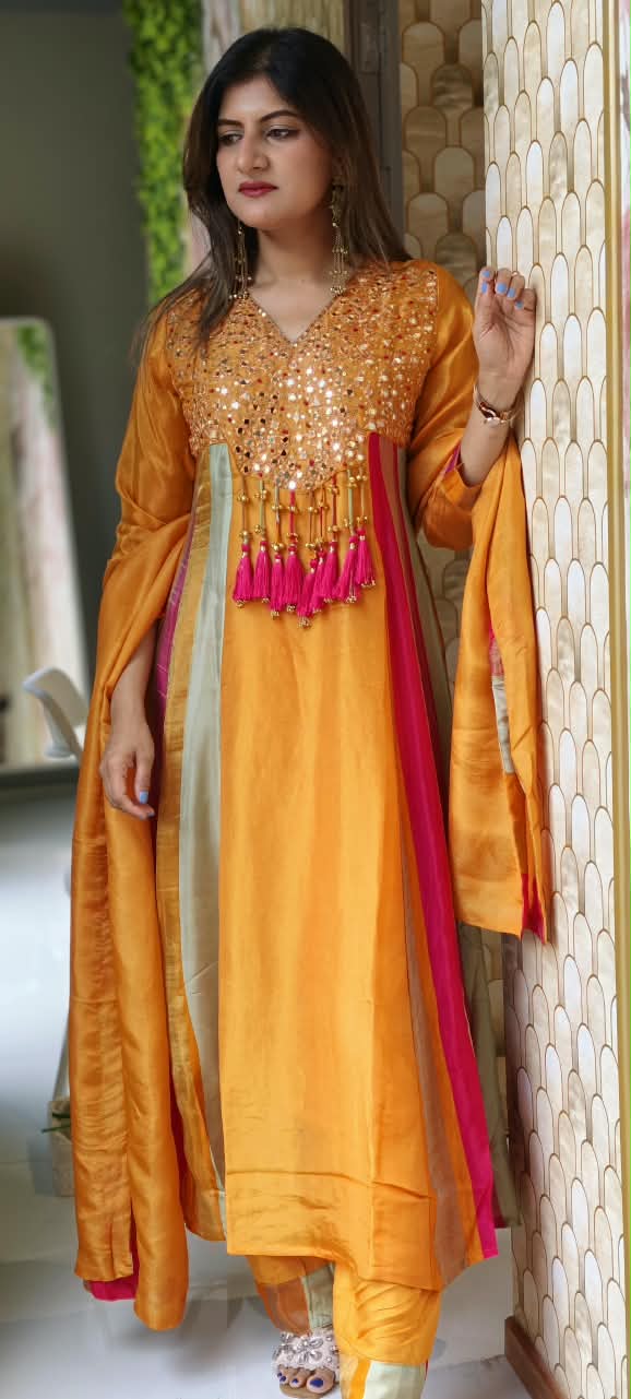 Orange Tissue Mirror Work Panel Anarkali Full Suit Set with Ghungroo Tassel Yoke Detailing & Striped Side Panels- 16231