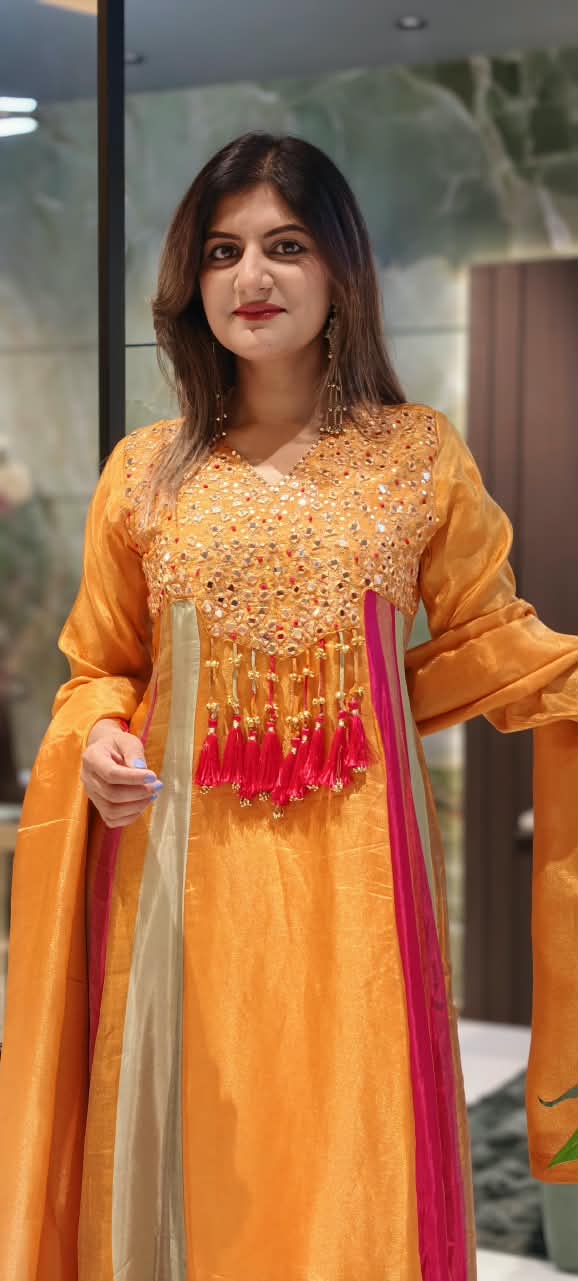 Orange Tissue Mirror Work Panel Anarkali Full Suit Set with Ghungroo Tassel Yoke Detailing & Striped Side Panels- 16231