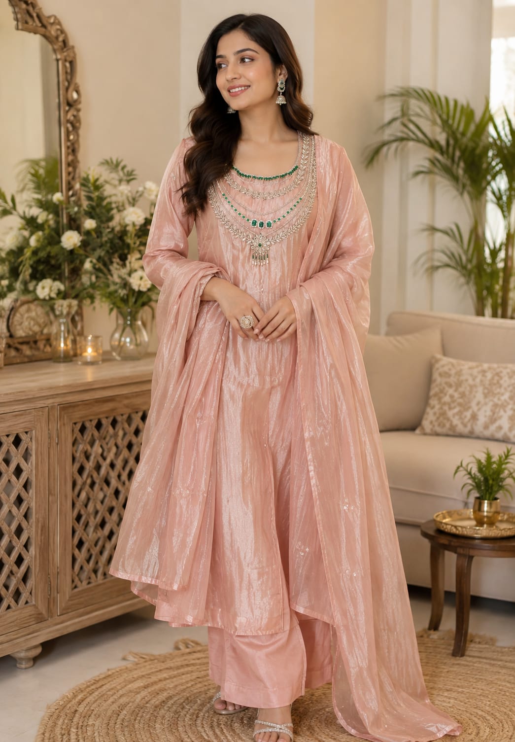 Premium Jewel Stone Zardosi Embroidery Over Yoke A-Line Crush Tissue Full Suit Set With Dupatta- 16236