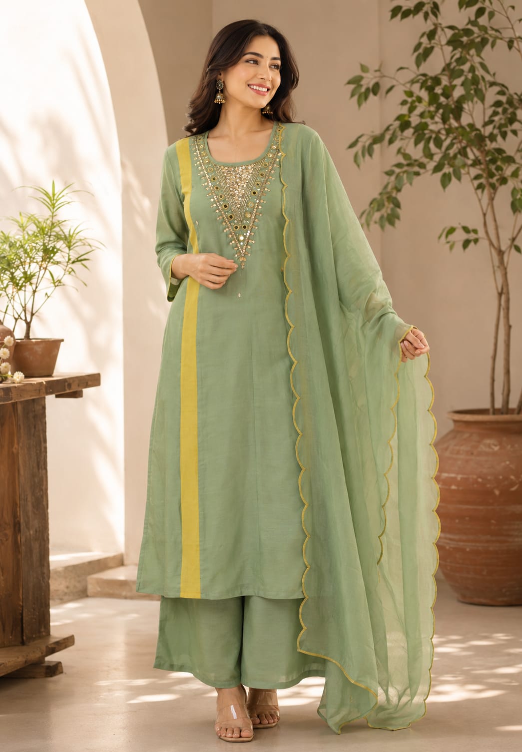 Real Mirror With Sequin Beautiful A-Line Surat Mul-Chanderi Full Suit Set With Dupatta- 16223