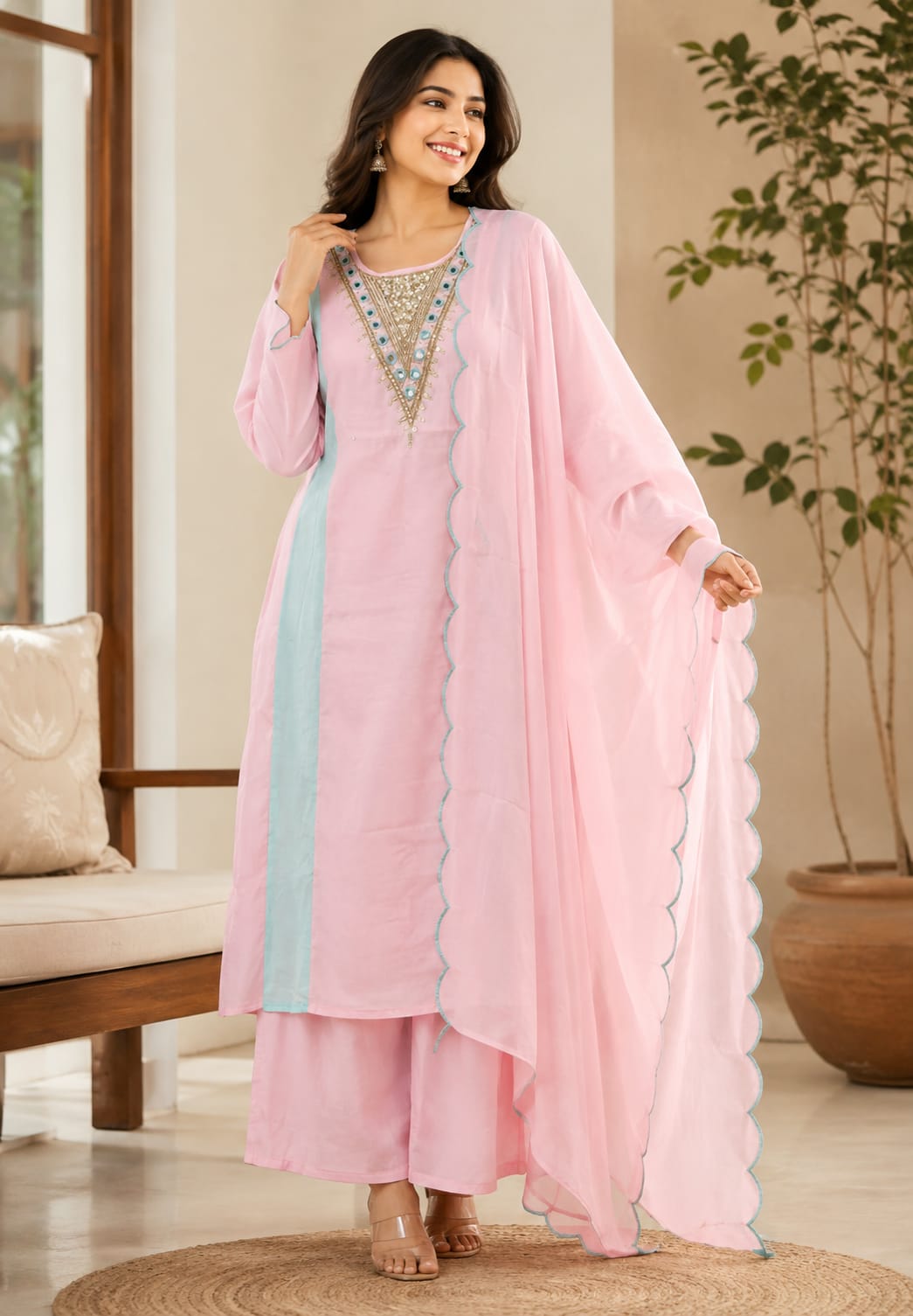 Real Mirror With Sequin Beautiful A-Line Surat Mul-Chanderi Full Suit Set With Dupatta- 16223