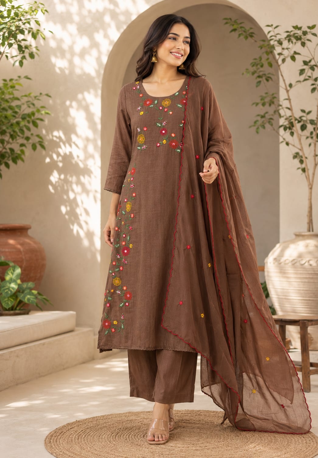 Spring Floral Gardenia Embroidered Banarasi Mul-Chanderi A-Line Full Suit Set With Dupatta- 16218