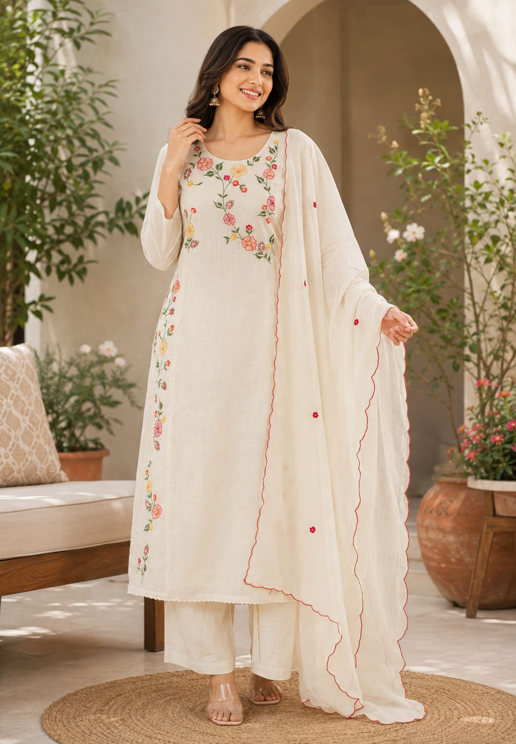 Spring Floral Gardenia Embroidered Banarasi Mul-Chanderi A-Line Full Suit Set With Dupatta- 16218