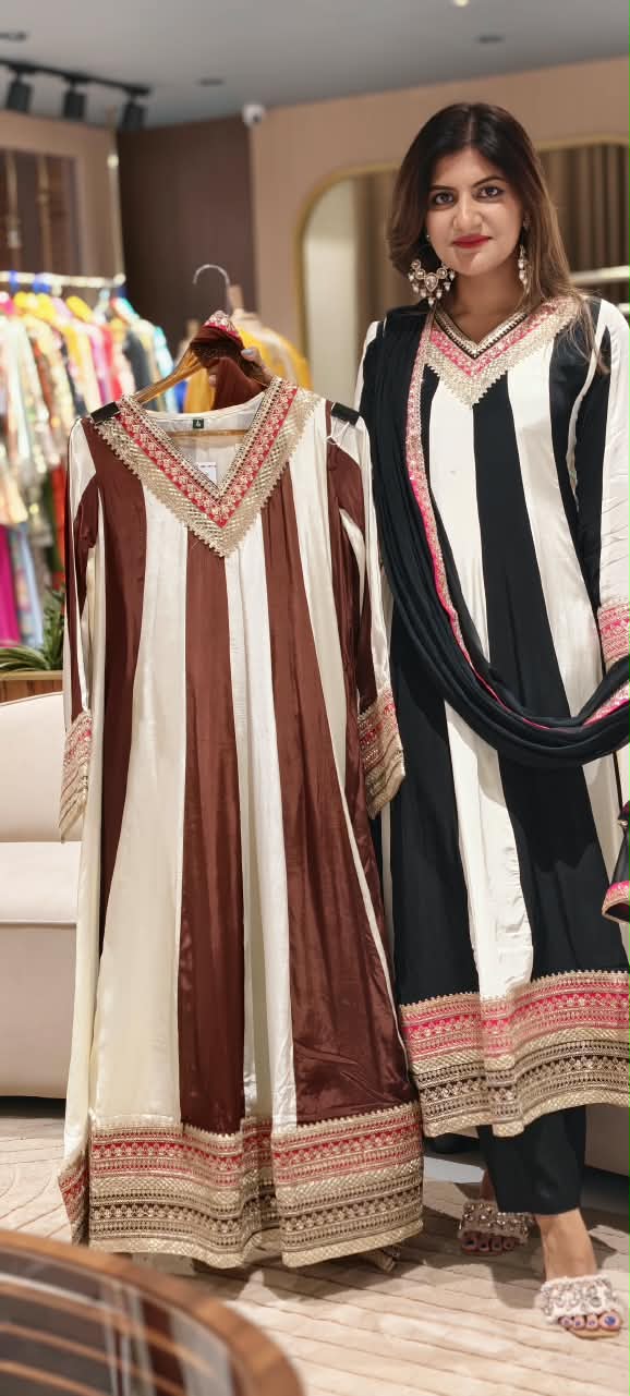 Highly Flared Panel Dual Tone Crepe Anarkali Full Suit Set With Dupatta With Vibrant Zardosi Borderd Work- 16127
