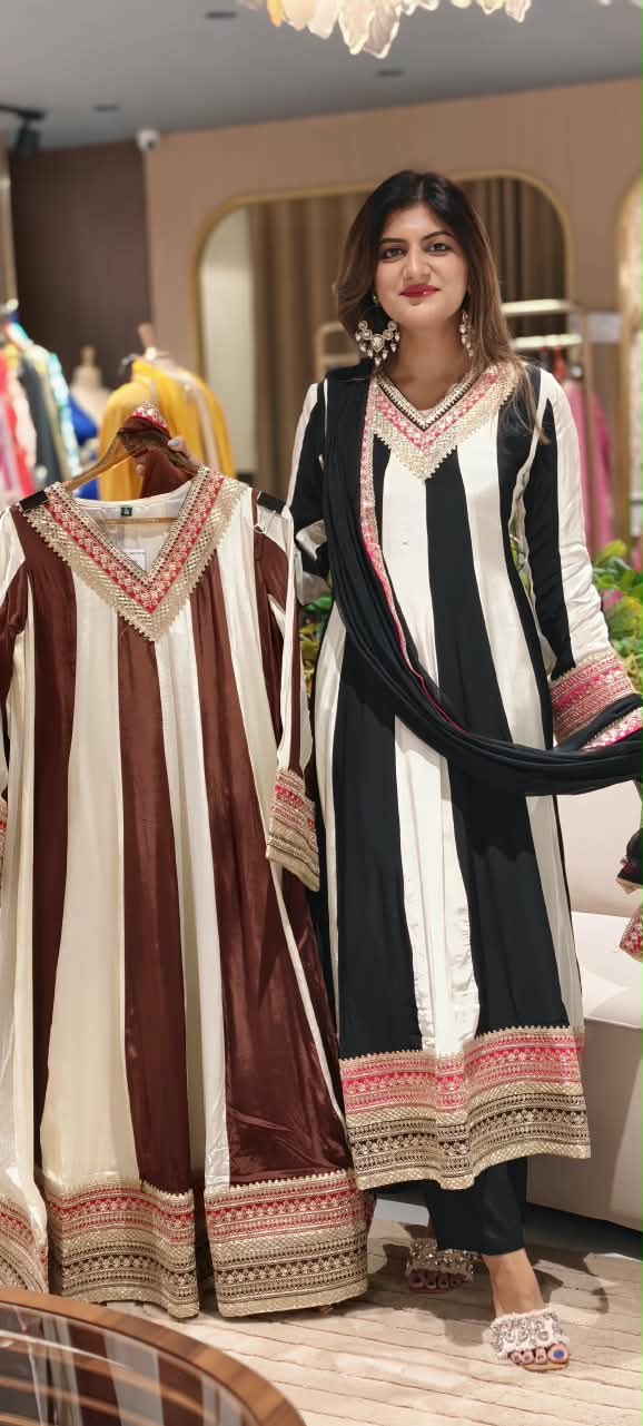Highly Flared Panel Dual Tone Crepe Anarkali Full Suit Set With Dupatta With Vibrant Zardosi Borderd Work- 16127