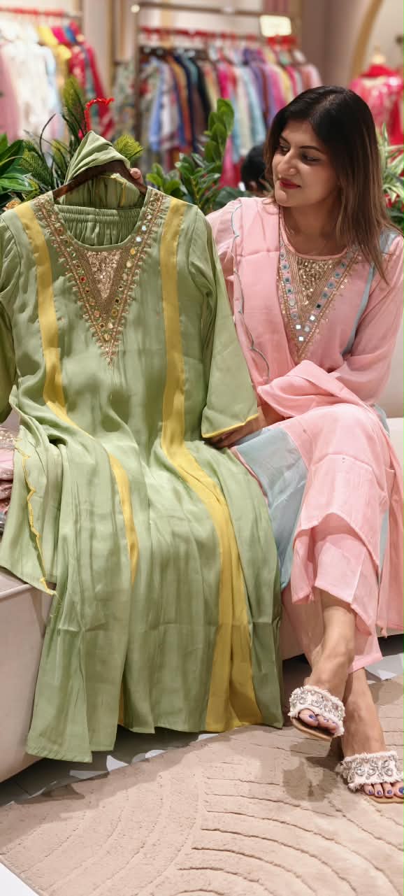 Real Mirror With Sequin Beautiful A-Line Surat Mul-Chanderi Full Suit Set With Dupatta- 16223