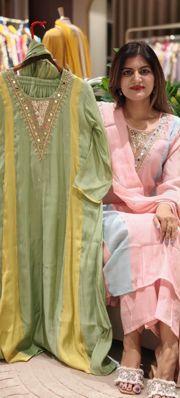 Real Mirror With Sequin Beautiful A-Line Surat Mul-Chanderi Full Suit Set With Dupatta- 16223