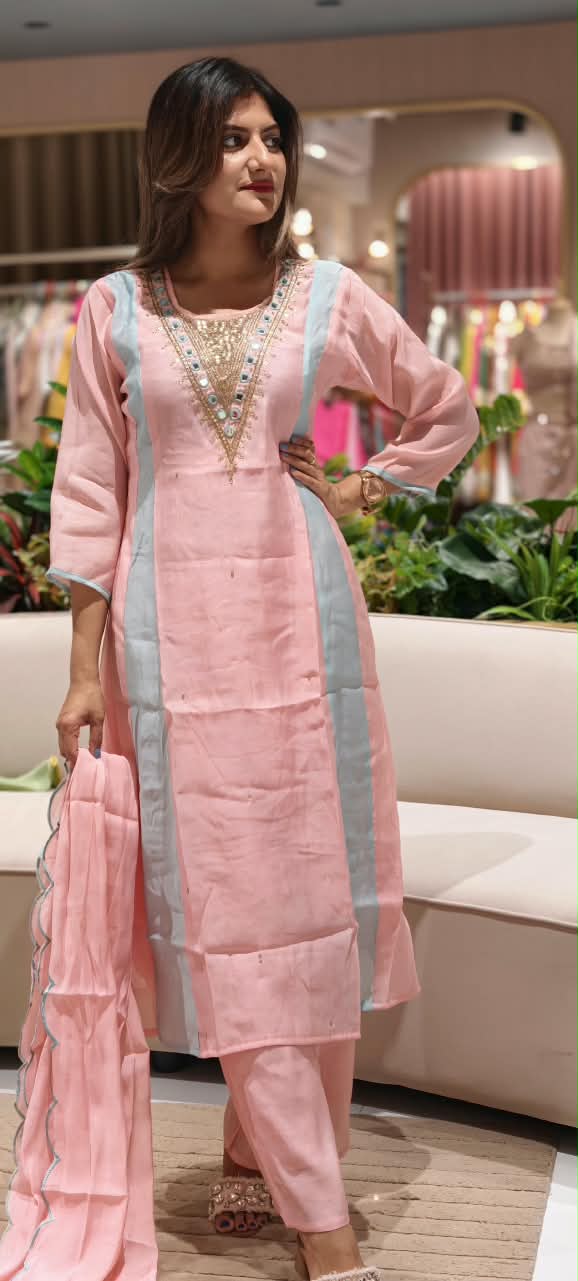 Real Mirror With Sequin Beautiful A-Line Surat Mul-Chanderi Full Suit Set With Dupatta- 16223