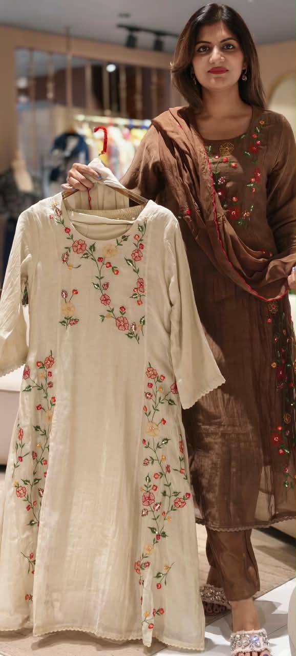 Spring Floral Gardenia Embroidered Banarasi Mul-Chanderi A-Line Full Suit Set With Dupatta- 16218