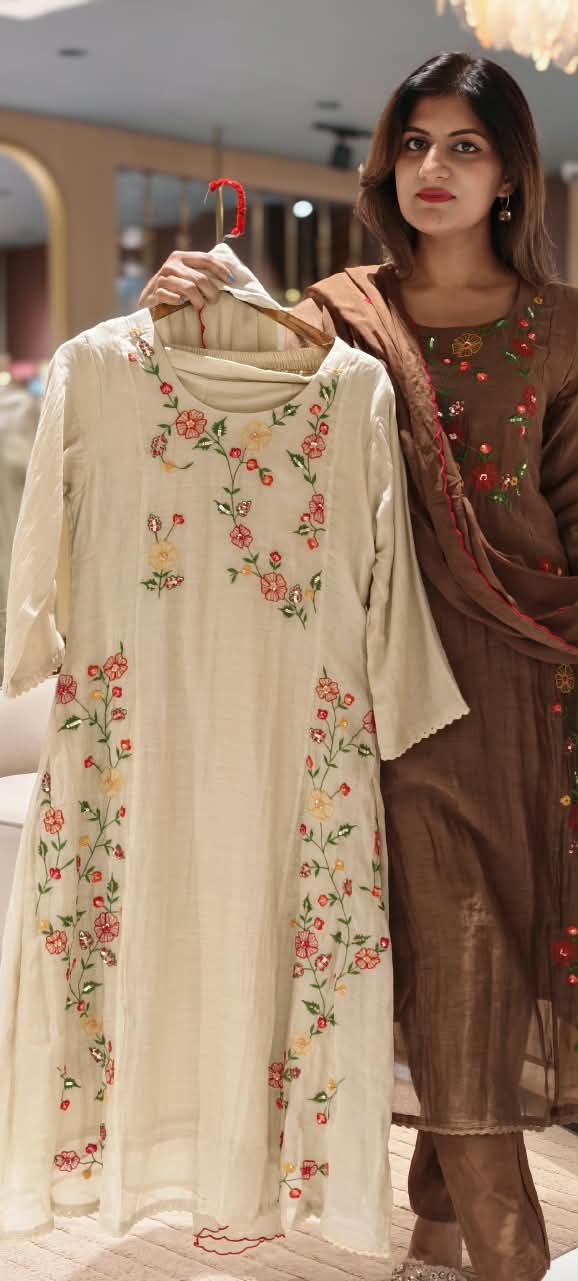 Spring Floral Gardenia Embroidered Banarasi Mul-Chanderi A-Line Full Suit Set With Dupatta- 16218
