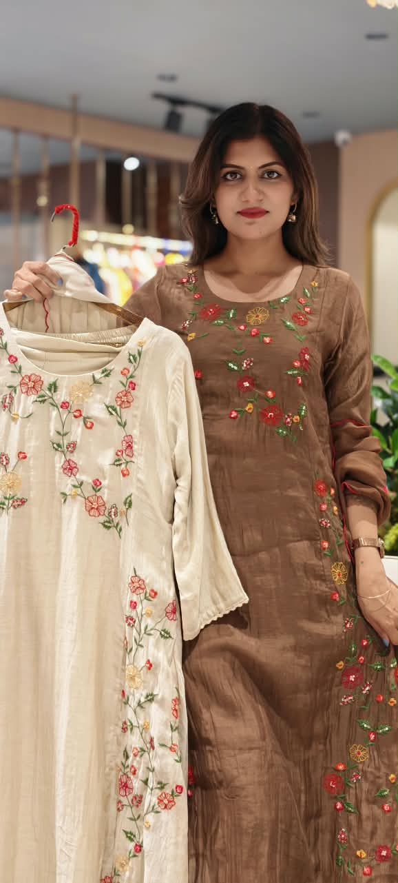 Spring Floral Gardenia Embroidered Banarasi Mul-Chanderi A-Line Full Suit Set With Dupatta- 16218