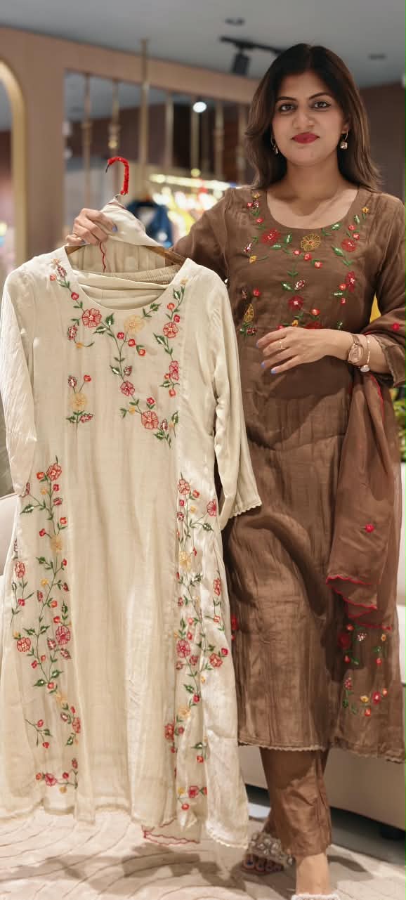 Spring Floral Gardenia Embroidered Banarasi Mul-Chanderi A-Line Full Suit Set With Dupatta- 16218