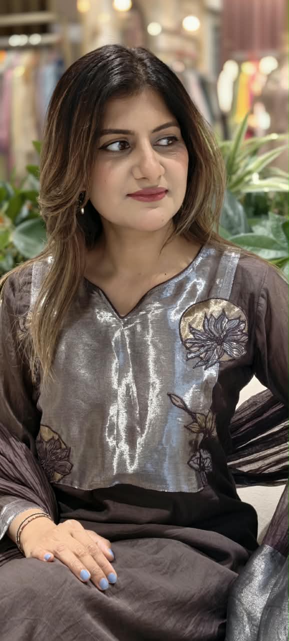 Metallic Floral Applique Yoke Coffee Pallete Banarasi Mul-Chanderi A-Line Full Suit Set With Dupatta- 15988