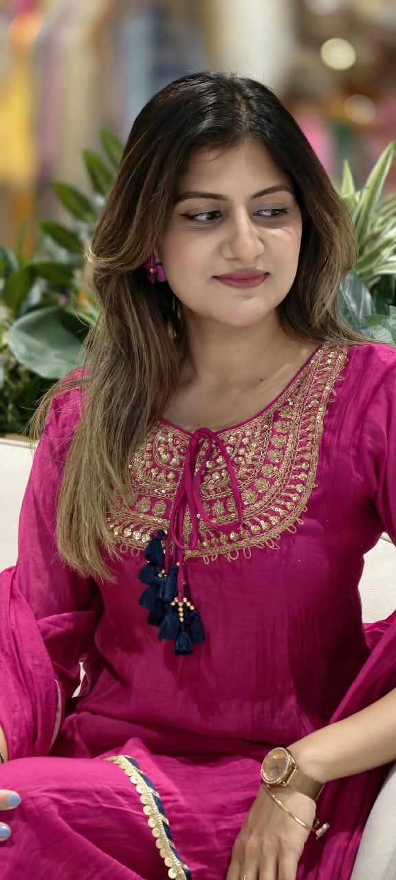 Heavy Embroidered Yoke With Tassel Accent Pure Mul-Chanderi A-Line Full Suit Set With Dupatta- 15802