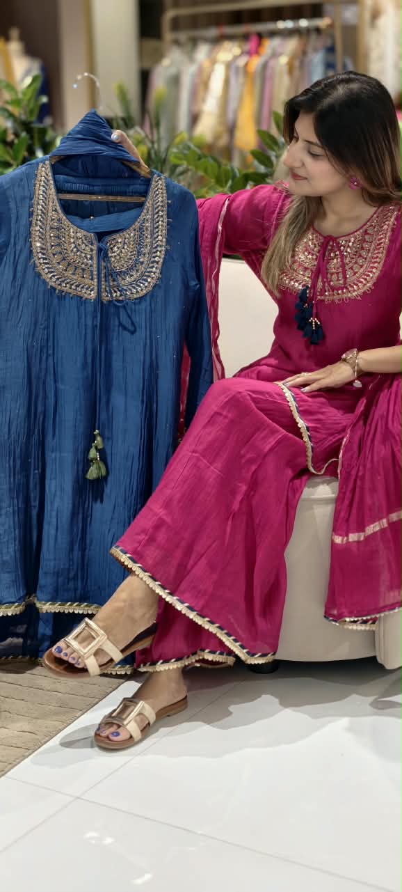 Heavy Embroidered Yoke With Tassel Accent Pure Mul-Chanderi A-Line Full Suit Set With Dupatta- 15802