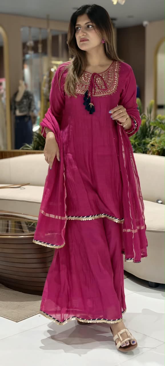 Heavy Embroidered Yoke With Tassel Accent Pure Mul-Chanderi A-Line Full Suit Set With Dupatta- 15802
