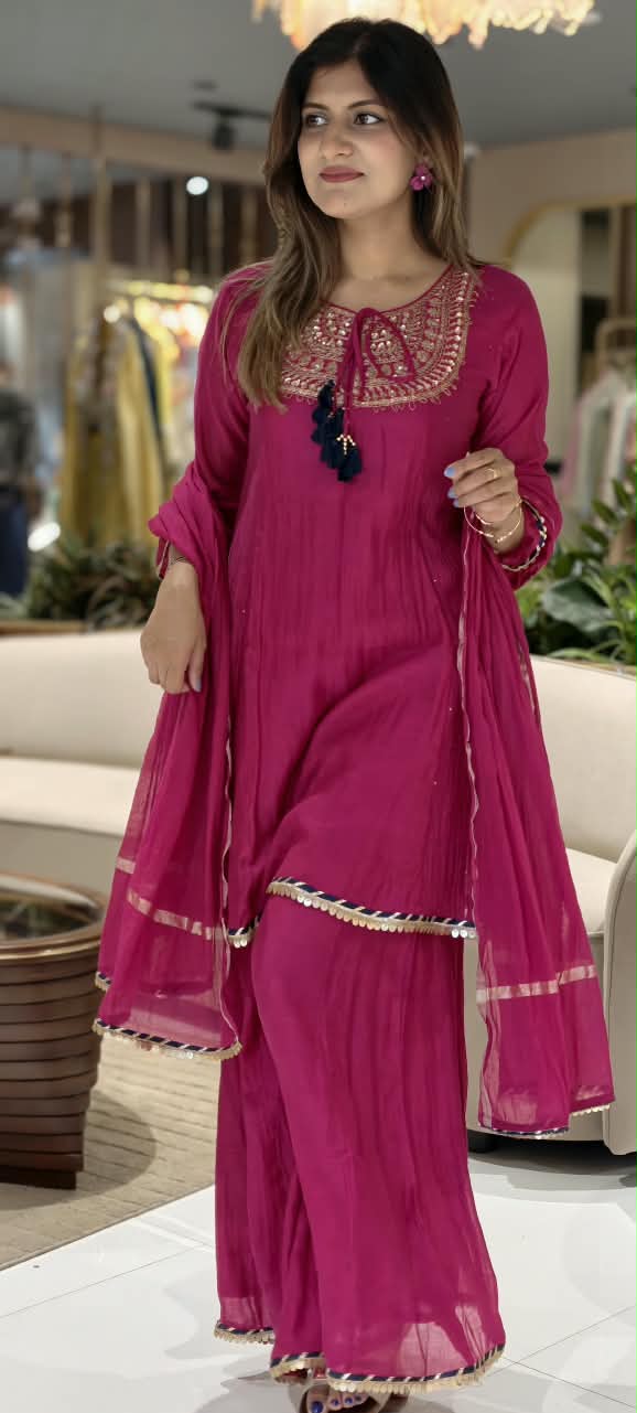 Heavy Embroidered Yoke With Tassel Accent Pure Mul-Chanderi A-Line Full Suit Set With Dupatta- 15802