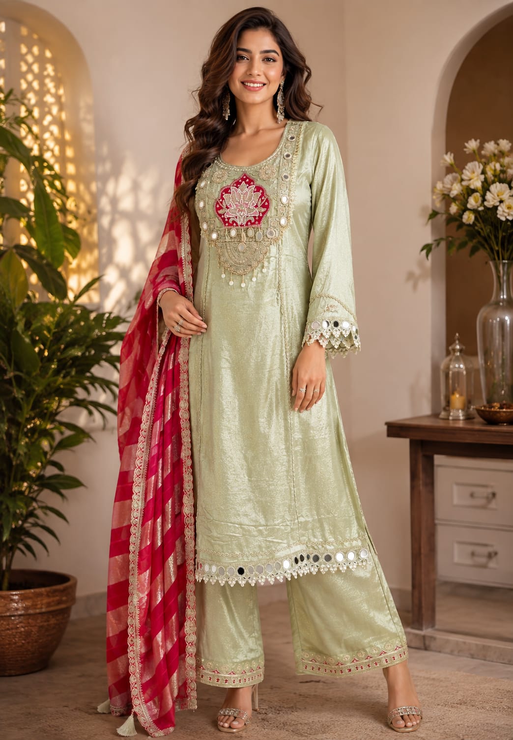 Lotus Inspired Graceful Heavy Designer Work Shimmery Tissue A-Line Full Suit Set With Dupatta- 16232