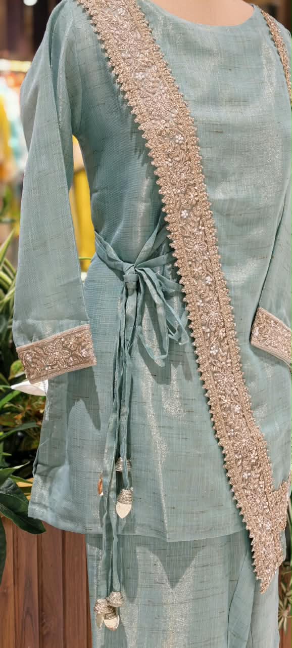 Ivory Over Lay Look Side Knotted Shimmer Embroidered Outline Premium Tissue Co-Ord Set- 15774