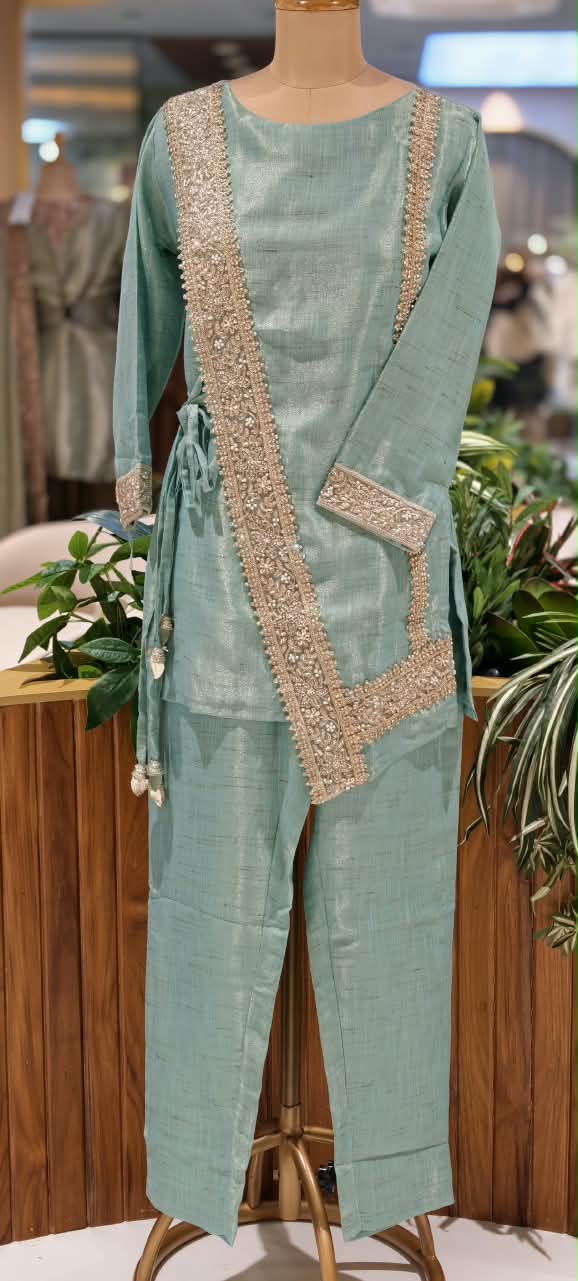 Ivory Over Lay Look Side Knotted Shimmer Embroidered Outline Premium Tissue Co-Ord Set- 15774