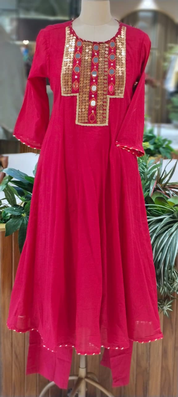 Real Mirror Boho Chic Boxed Yoke Panel Mul-Cotton Anarkali Full Suit Set With Dupatta- 16241