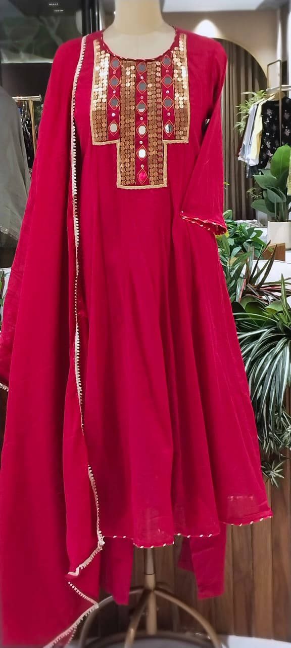 Real Mirror Boho Chic Boxed Yoke Panel Mul-Cotton Anarkali Full Suit Set With Dupatta- 16241