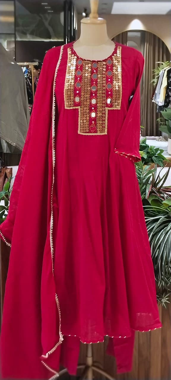 Real Mirror Boho Chic Boxed Yoke Panel Mul-Cotton Anarkali Full Suit Set With Dupatta- 16241