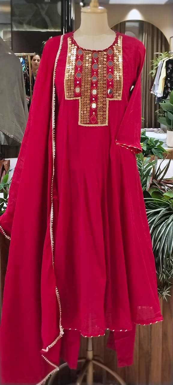 Real Mirror Boho Chic Boxed Yoke Panel Mul-Cotton Anarkali Full Suit Set With Dupatta- 16241