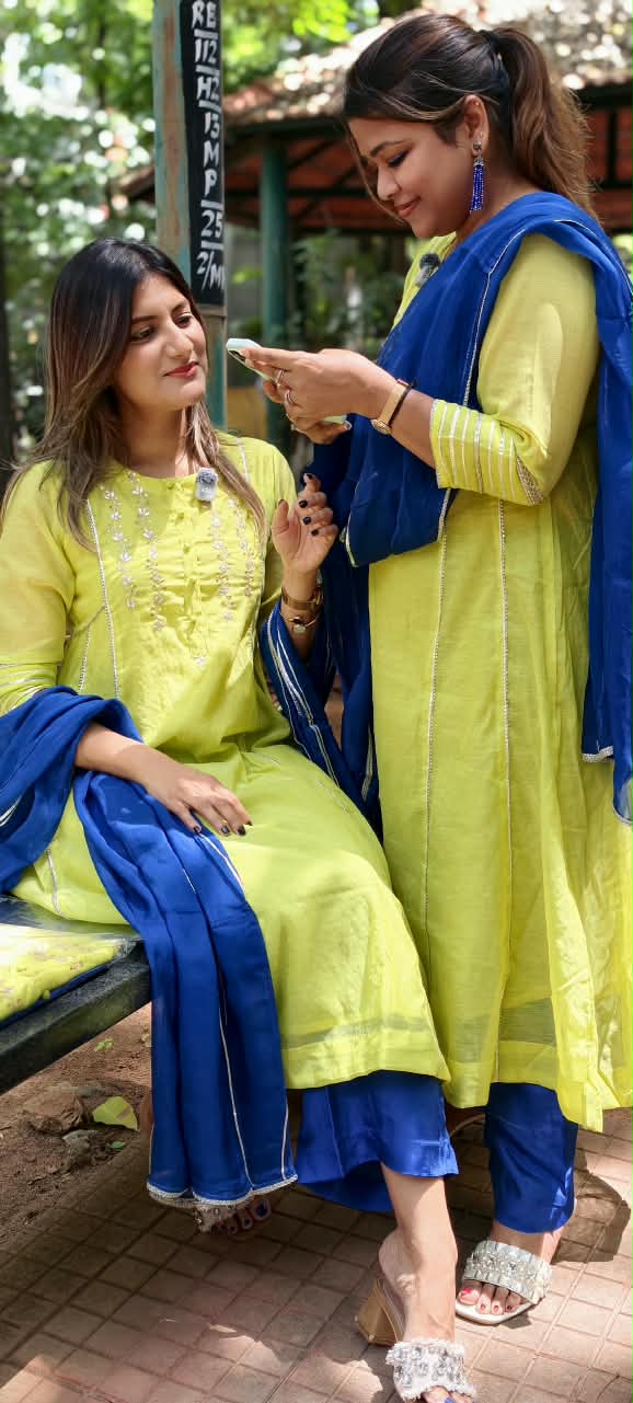 Twin Color Parrot Inspired Pure Chanderi A-Line Full Suit Set With Organza Dupatta- 16248