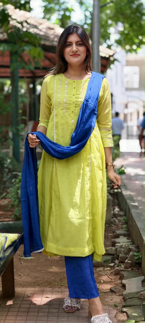Twin Color Parrot Inspired Pure Chanderi A-Line Full Suit Set With Organza Dupatta- 16248