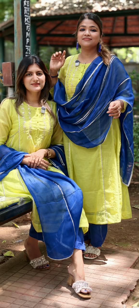 Twin Color Parrot Inspired Pure Chanderi A-Line Full Suit Set With Organza Dupatta- 16248