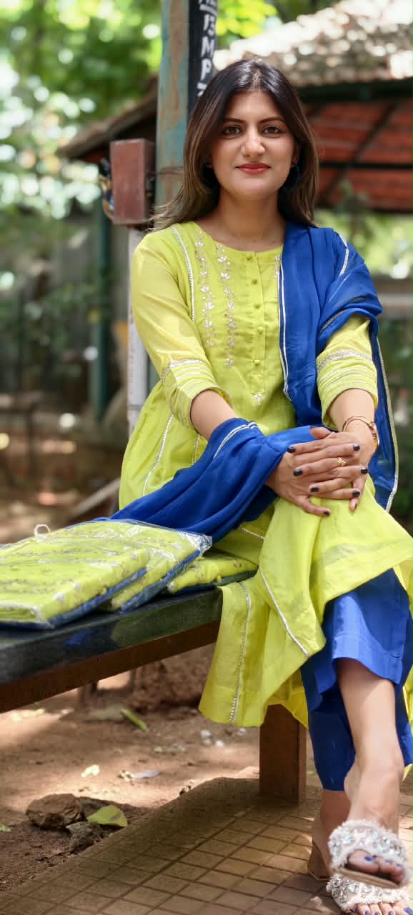 Twin Color Parrot Inspired Pure Chanderi A-Line Full Suit Set With Organza Dupatta- 16248