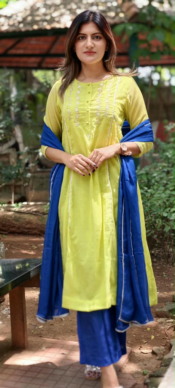 Twin Color Parrot Inspired Pure Chanderi A-Line Full Suit Set With Organza Dupatta- 16248