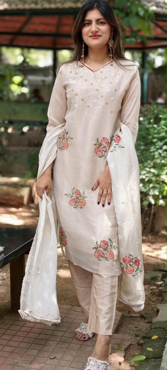 Kota Tissue Intricate Floral Embroidered Checks Shiny Full Suit Set With Dupatta- 16243