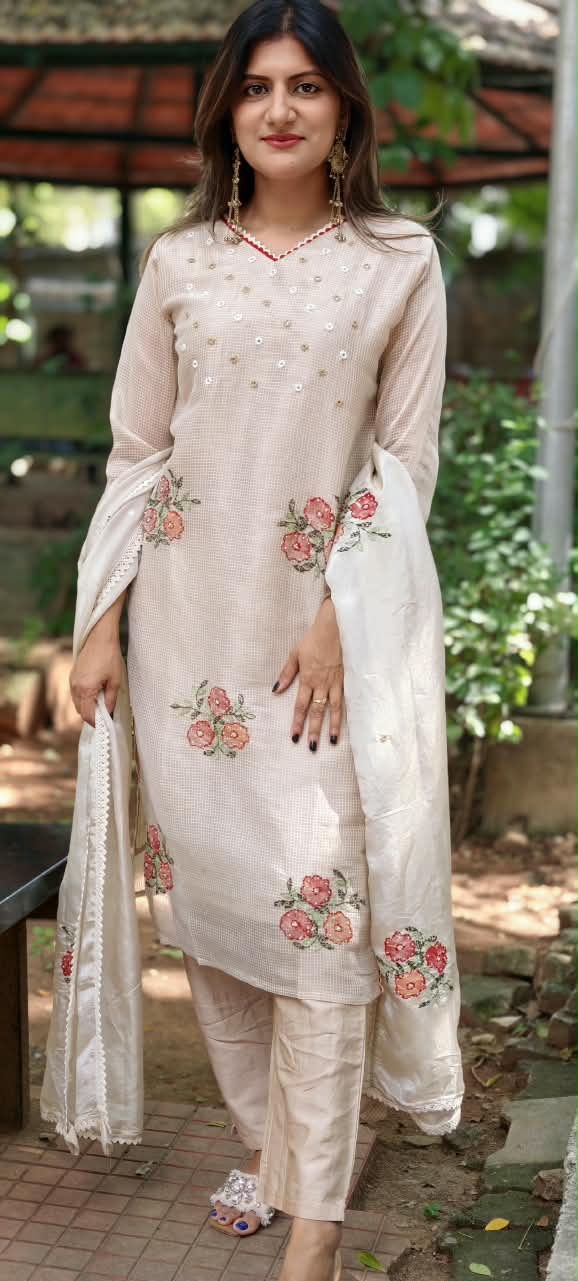 Kota Tissue Intricate Floral Embroidered Checks Shiny Full Suit Set With Dupatta- 16243