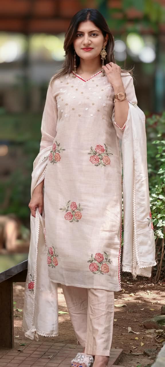 Kota Tissue Intricate Floral Embroidered Checks Shiny Full Suit Set With Dupatta- 16243