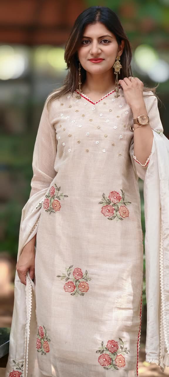 Kota Tissue Intricate Floral Embroidered Checks Shiny Full Suit Set With Dupatta- 16243