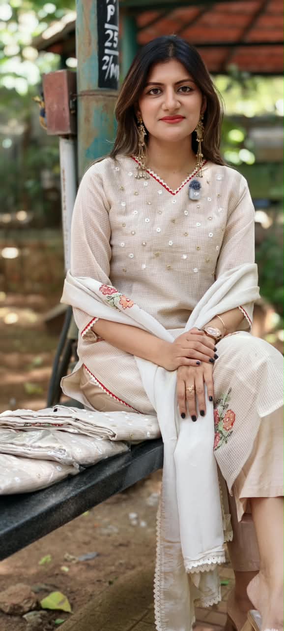 Kota Tissue Intricate Floral Embroidered Checks Shiny Full Suit Set With Dupatta- 16243