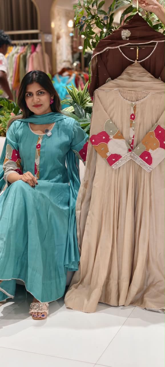 Vibrant Minimal Highlights Embroidered Banarasi Mul-Chanderi A-Line Full Suit Set With Dupatta- 16240