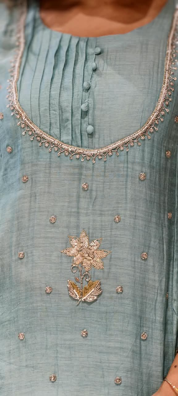 English Color Palette Suttle Work Beautiful A-Line Mul-Chanderi Full Suit Set With Dupatta-16220